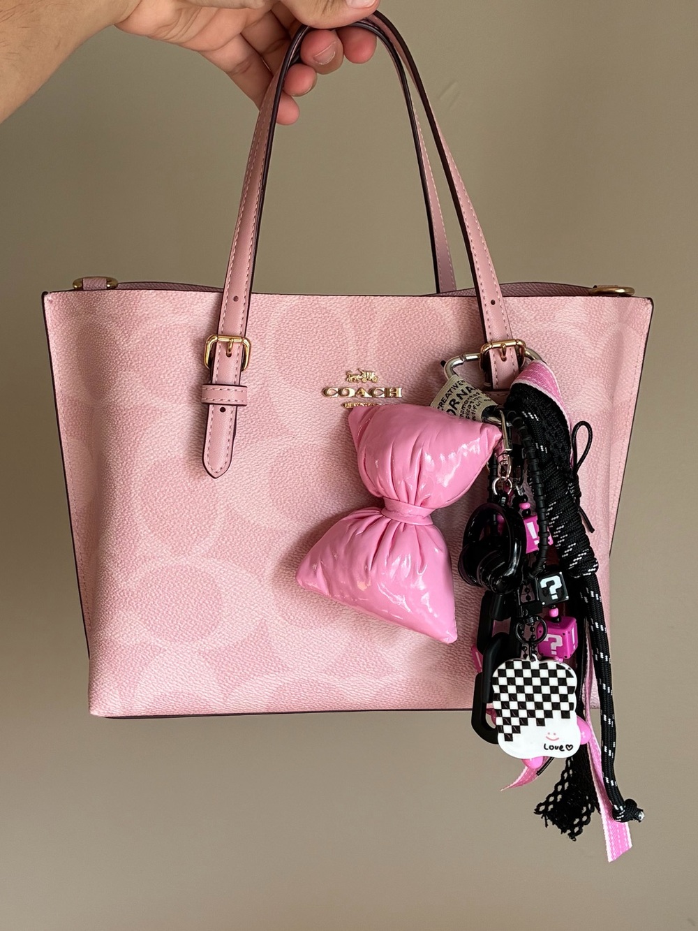Pink Bow Keychain Bag Charm with Balloon And Tassels